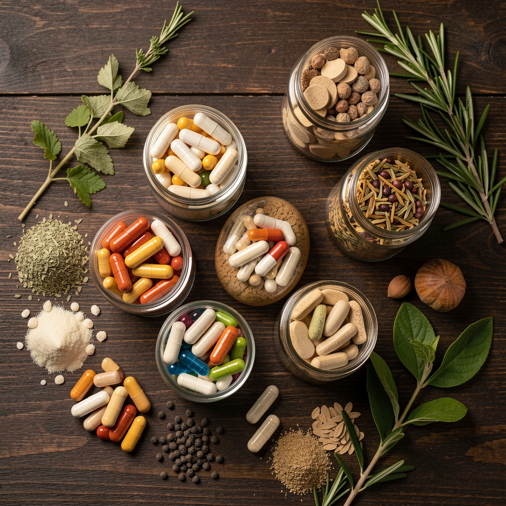 Organised flat lay of multiple natural supplement capsule types in their individual containers on a dark wooden surface, botanical ingredients visible alongside, studio lighting