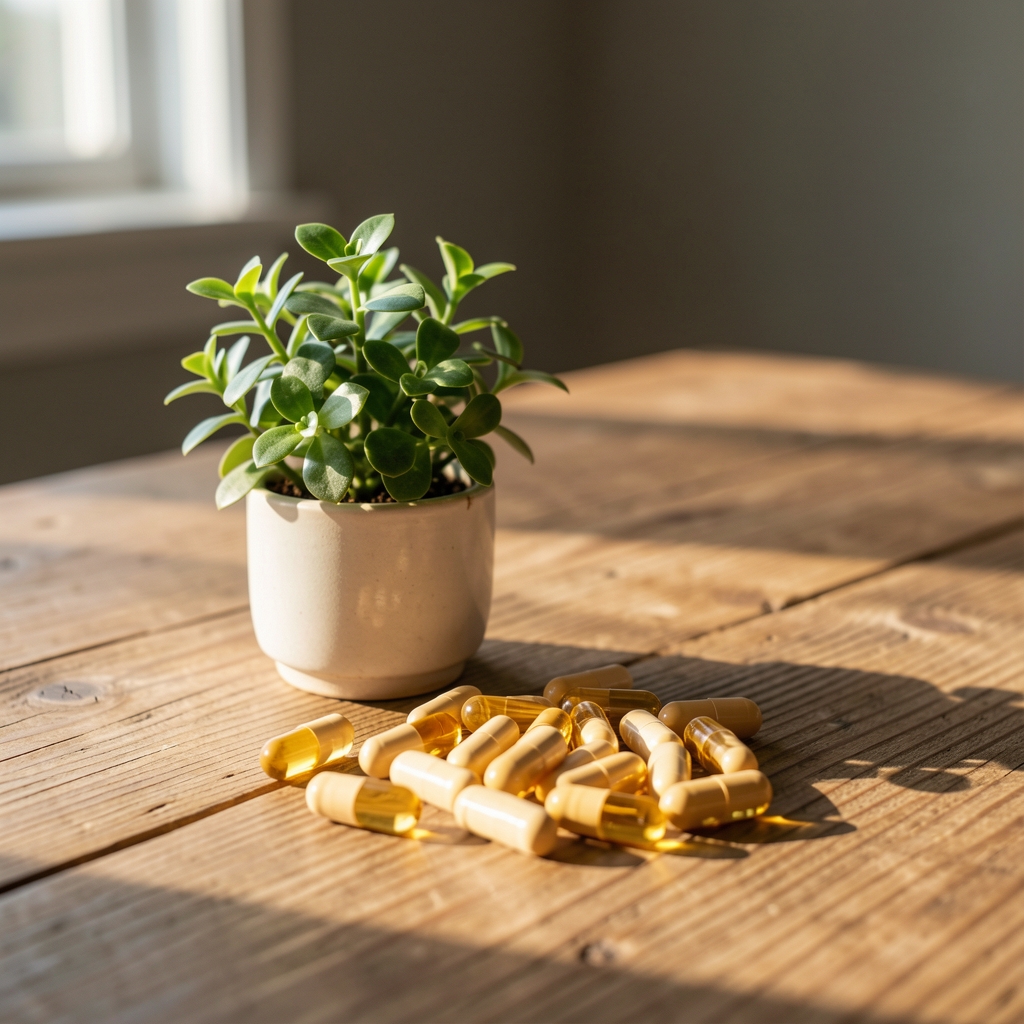 Vitamin D3 supplement capsules scattered beside a small green plant on a wooden surface with morning sunlight, men's daily supplement routine setup