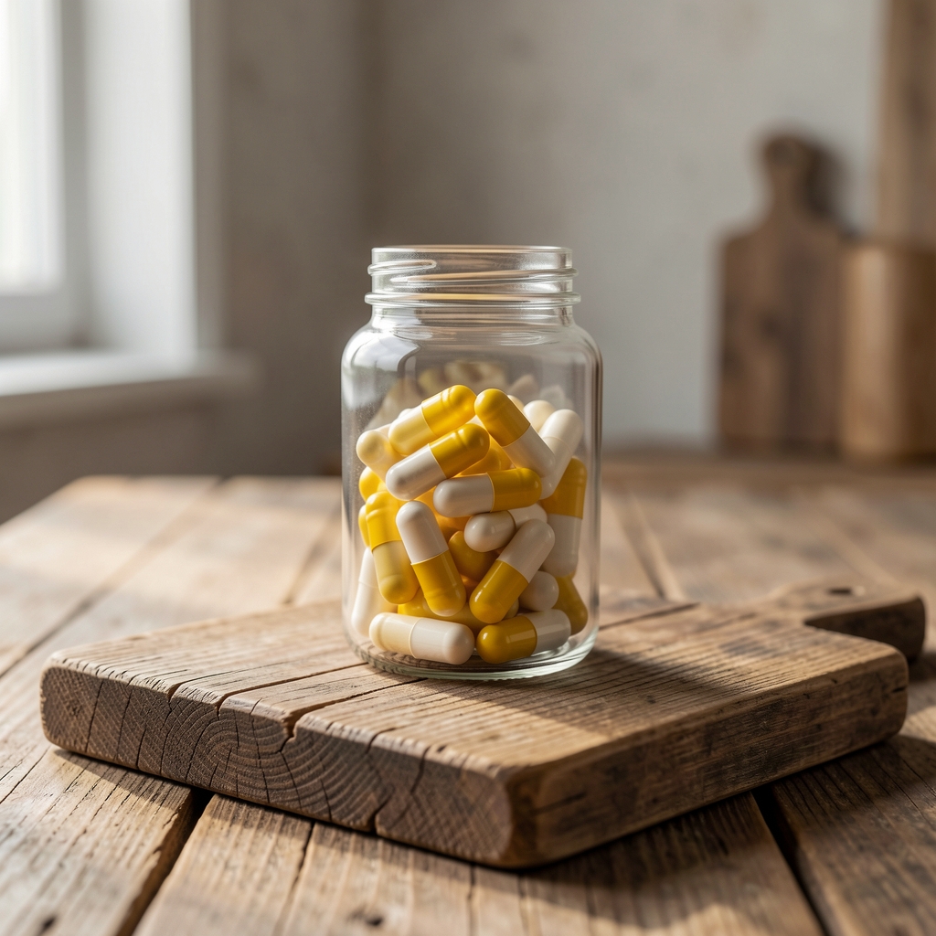 Vitamin C and zinc capsules in clear glass bottle on a rustic wooden board, natural light, men's immune support supplement display