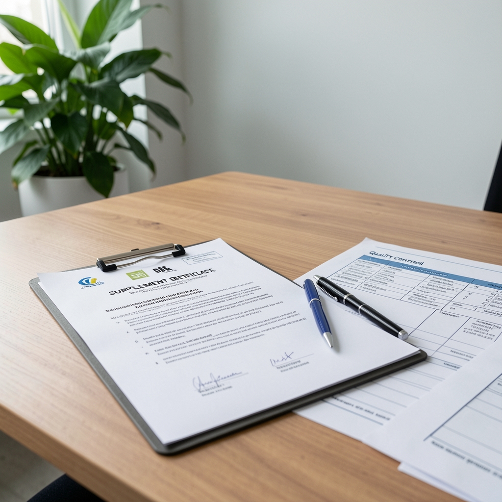Supplement batch certificate of composition document on a desk with a pen, quality control paperwork visible, minimalist office environment with green plant in background